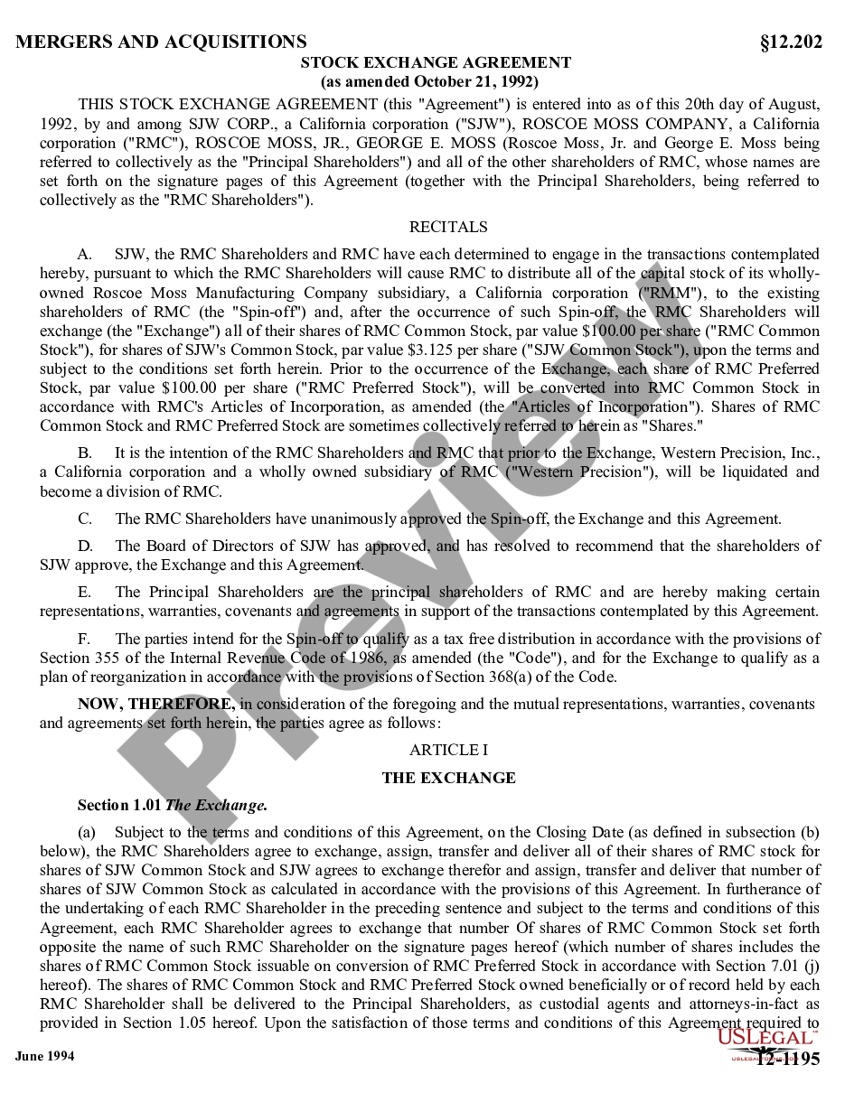 page 4 Amended Stock Exchange Agreement by SJW Corp, Roscoe Moss Co, and RMC Shareholders - Detailed preview