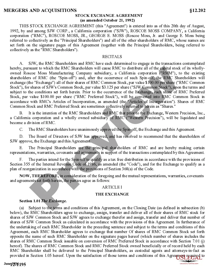 Get Amended Stock Exchange Agreement by SJW Corp, Roscoe Moss Co, and RMC Shareholders - Detailed Preview Amended Stock Exchange Agreement by SJW Corp, Roscoe Moss Co, and RMC Shareholders - Detailed