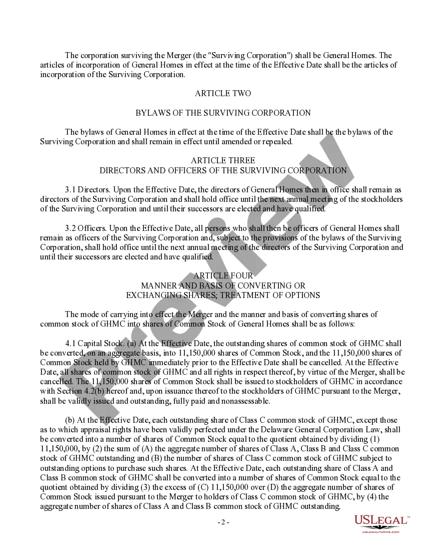 Get Agreement and Plan of Merger by General Homes Corp and General Homes Management Corp Preview Agreement and Plan of Merger by General Homes Corp and General Homes Management Corp