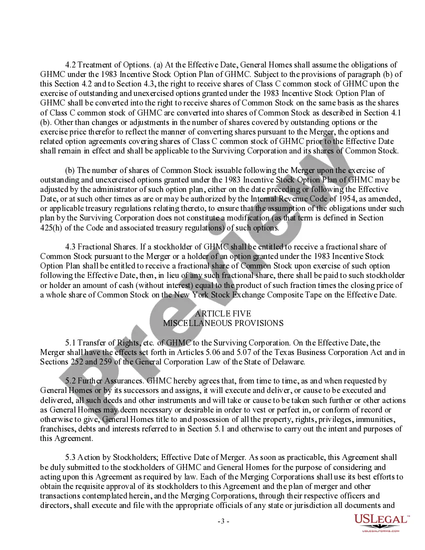 Get Agreement and Plan of Merger by General Homes Corp and General Homes Management Corp Preview Agreement and Plan of Merger by General Homes Corp and General Homes Management Corp