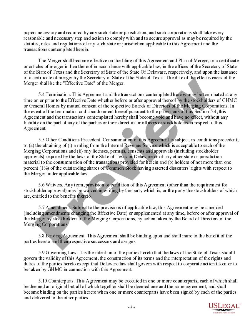 Get Agreement and Plan of Merger by General Homes Corp and General Homes Management Corp Preview Agreement and Plan of Merger by General Homes Corp and General Homes Management Corp