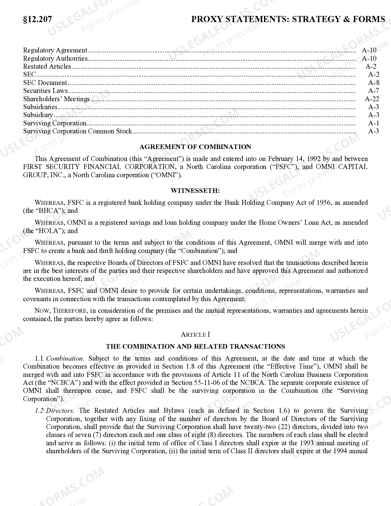 Agreement of Combination US Legal Forms