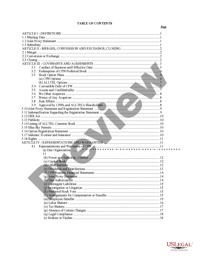 Get Plan of Reorganization and Merger between CP National Corp. and Alltel Corp. Preview Plan of Reorganization and Merger between CP National Corp. and Alltel Corp.