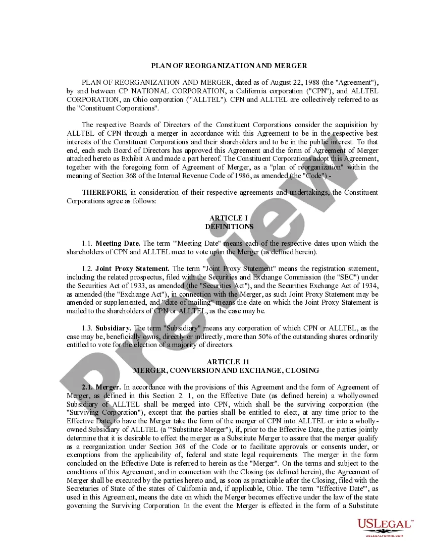 Get Plan of Reorganization and Merger between CP National Corp. and Alltel Corp. Preview Plan of Reorganization and Merger between CP National Corp. and Alltel Corp.