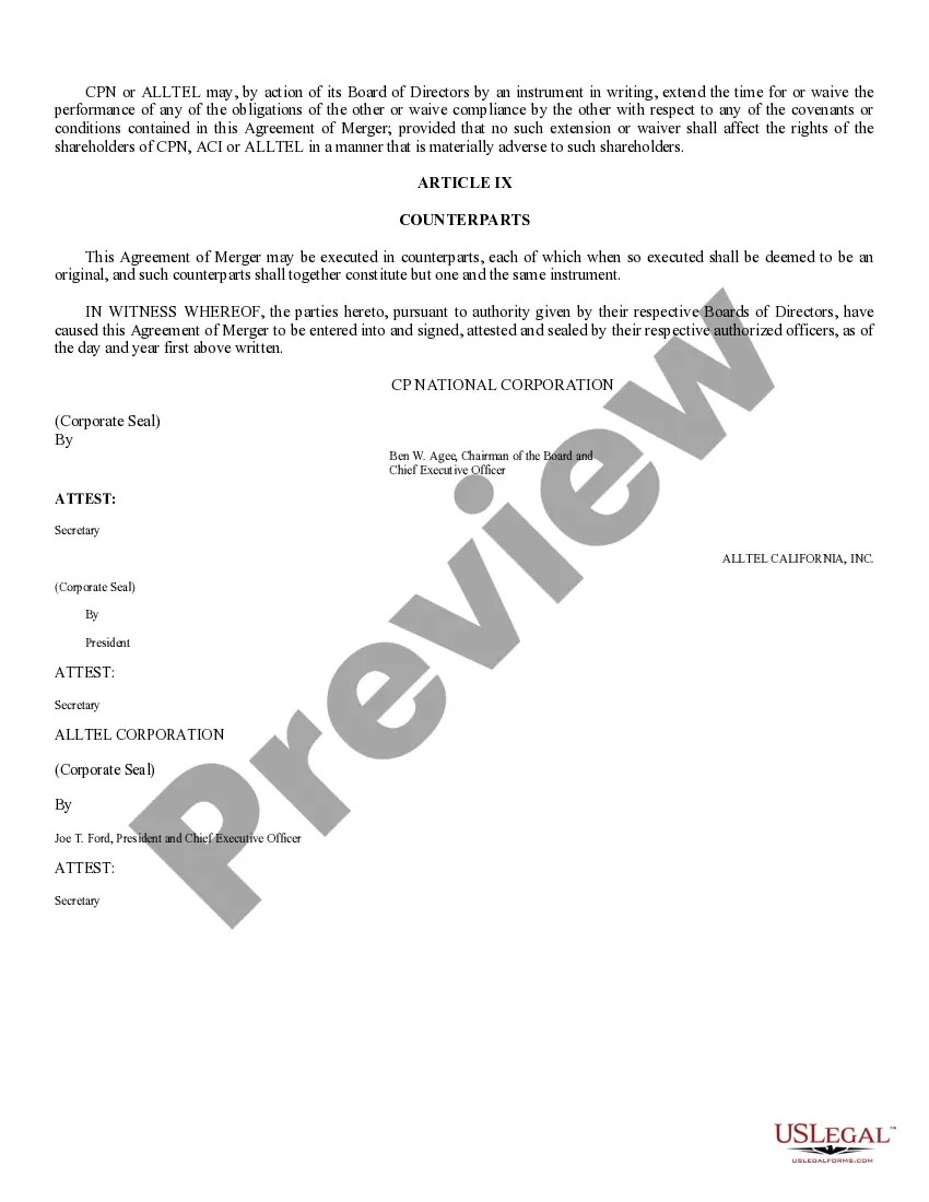 Get Agreement of Merger by CP National Corp., Alltel Corp., and Alltel California, Inc. Preview Agreement of Merger by CP National Corp., Alltel Corp., and Alltel California, Inc.