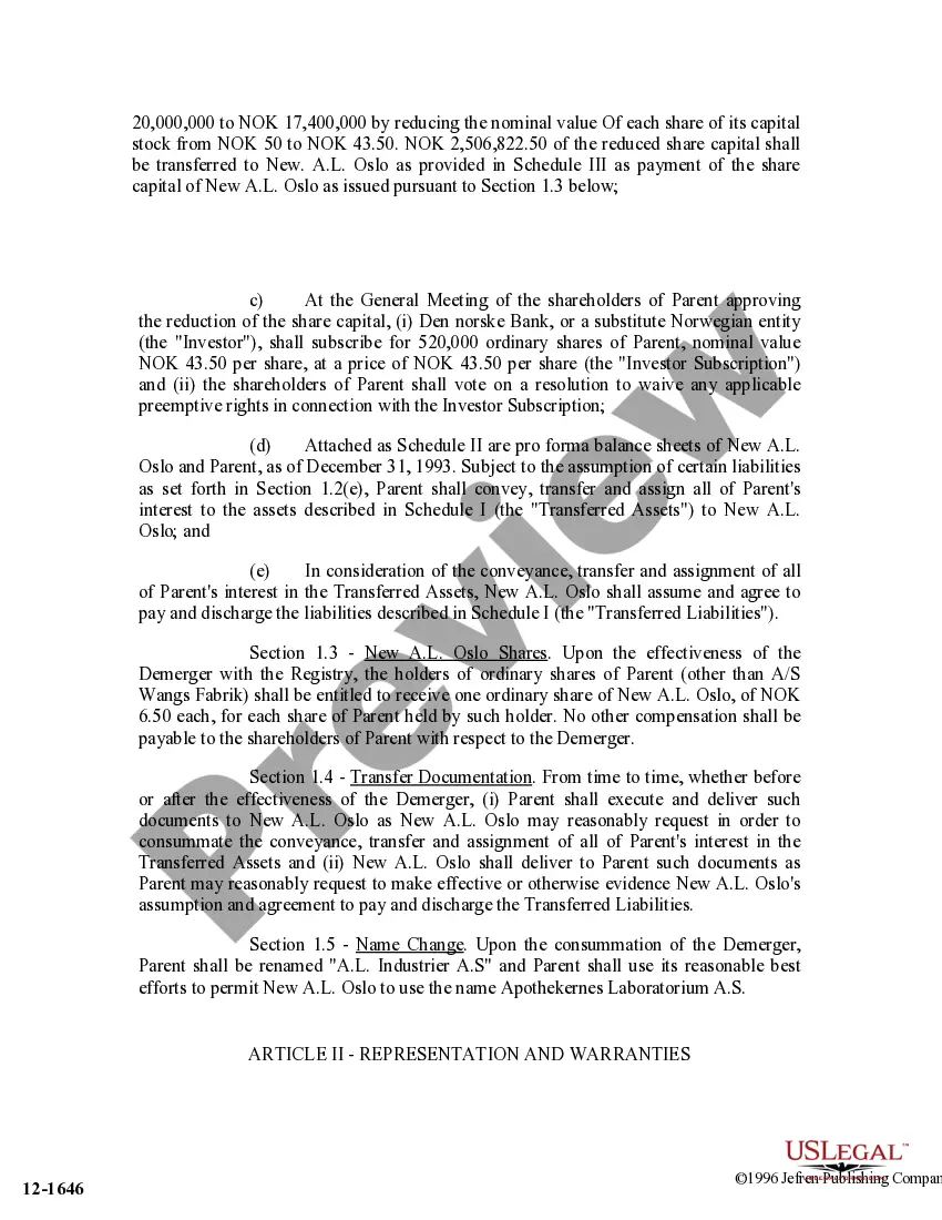 Get Form of Demerger Agreement by Apothekernes Laboratorium A.S and Apothekernes Laboratorium A.S Inc. Preview Form of Demerger Agreement by Apothekernes Laboratorium A.S and Apothekernes Laboratorium A.S Inc.