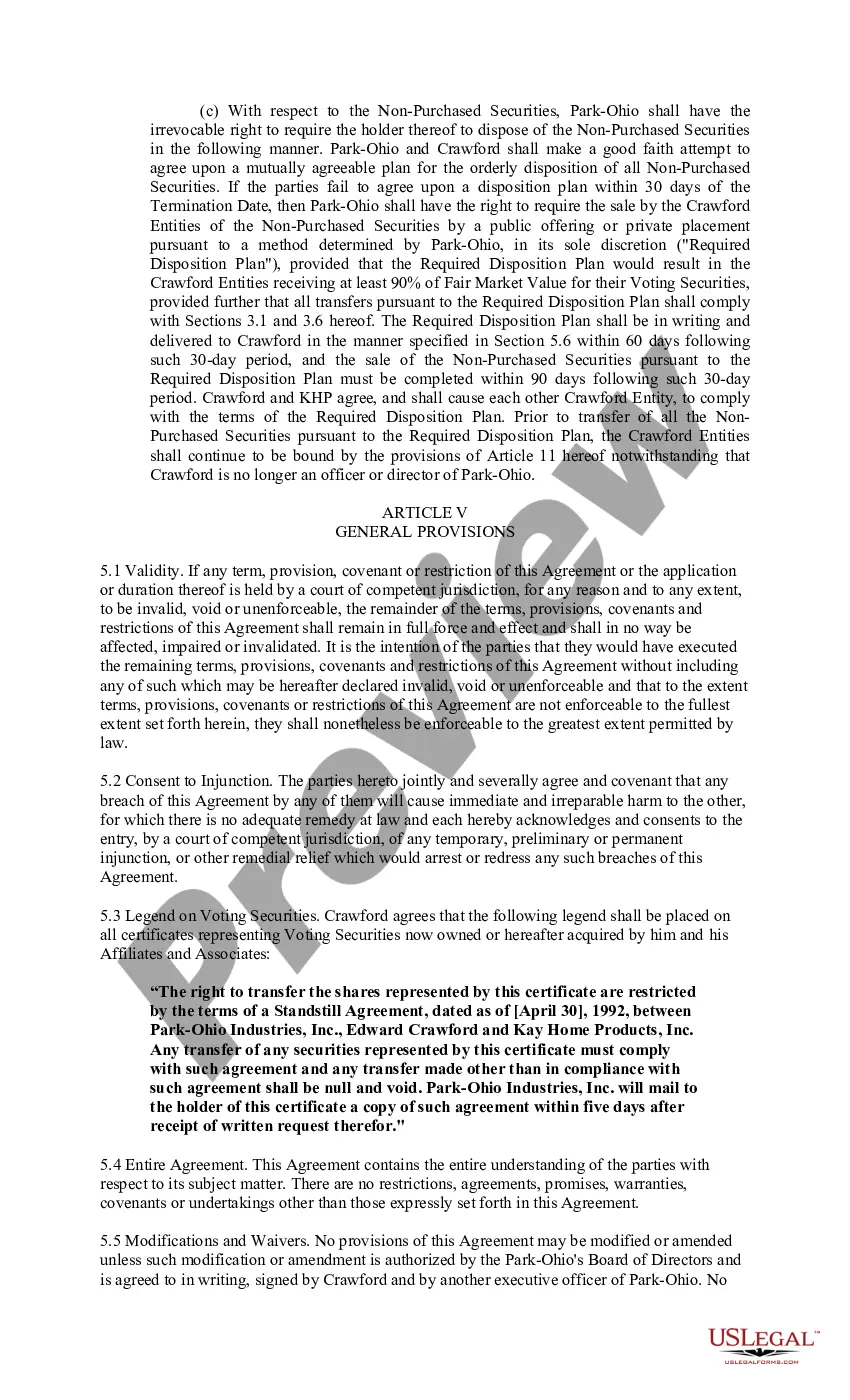 Preview Standstill Agreement between Park - Ohio Industries, Inc., Edward F. Crawford, and Kay Home Products, Inc.
