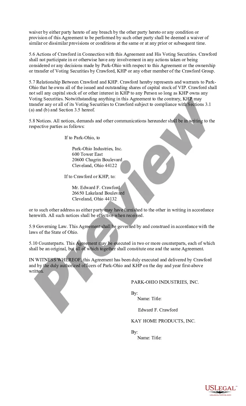 Preview Standstill Agreement between Park - Ohio Industries, Inc., Edward F. Crawford, and Kay Home Products, Inc.