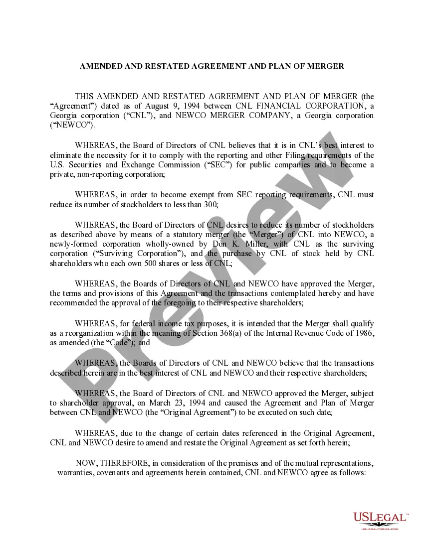 Get Amended and Restated Agreement and Plan of Merger between CNL Financial Corp and Newco Merger Co Preview Amended and Restated Agreement and Plan of Merger between CNL Financial Corp and Newco Merger Co