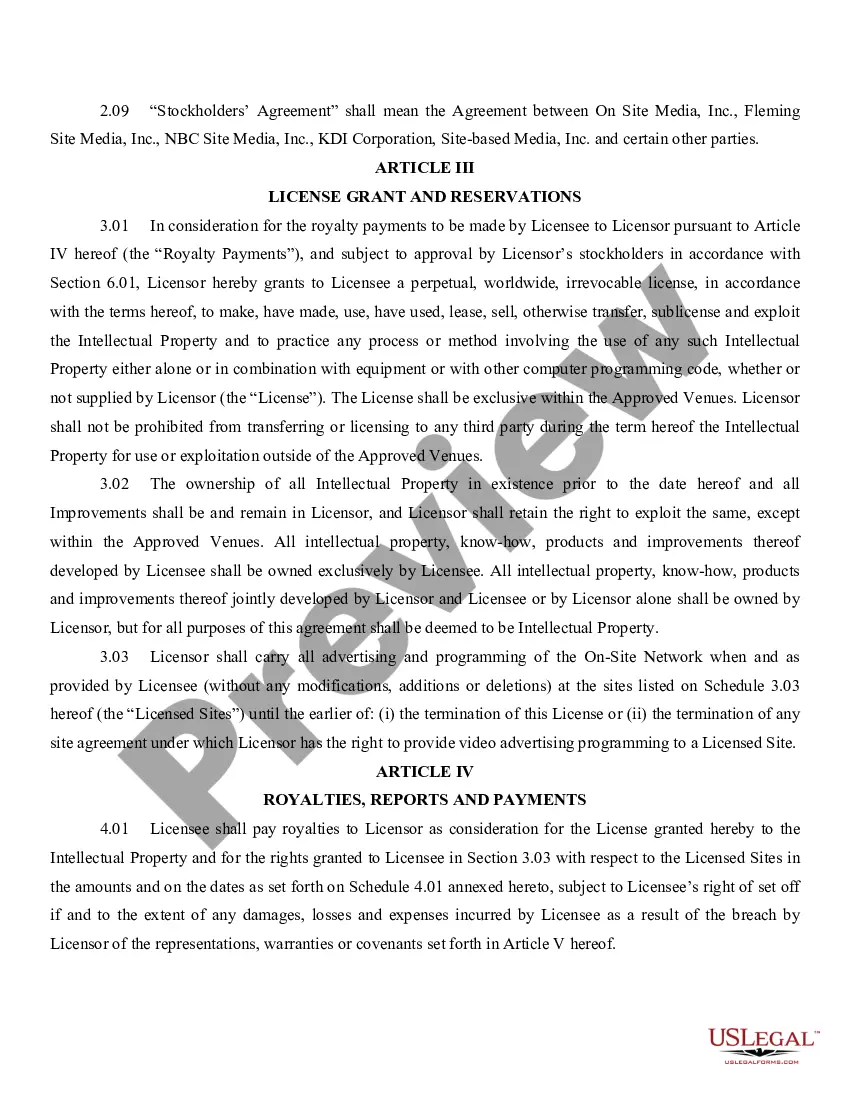 Get License Agreement with attachments between Site-Based Media, Inc., and On Site Media, Inc. Preview License Agreement with attachments between Site-Based Media, Inc., and On Site Media, Inc.