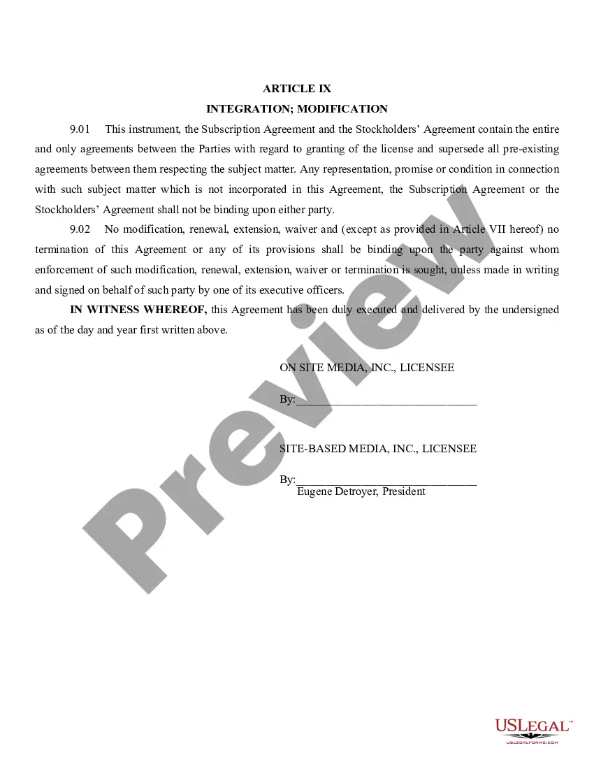 Get License Agreement with attachments between Site-Based Media, Inc., and On Site Media, Inc. Preview License Agreement with attachments between Site-Based Media, Inc., and On Site Media, Inc.