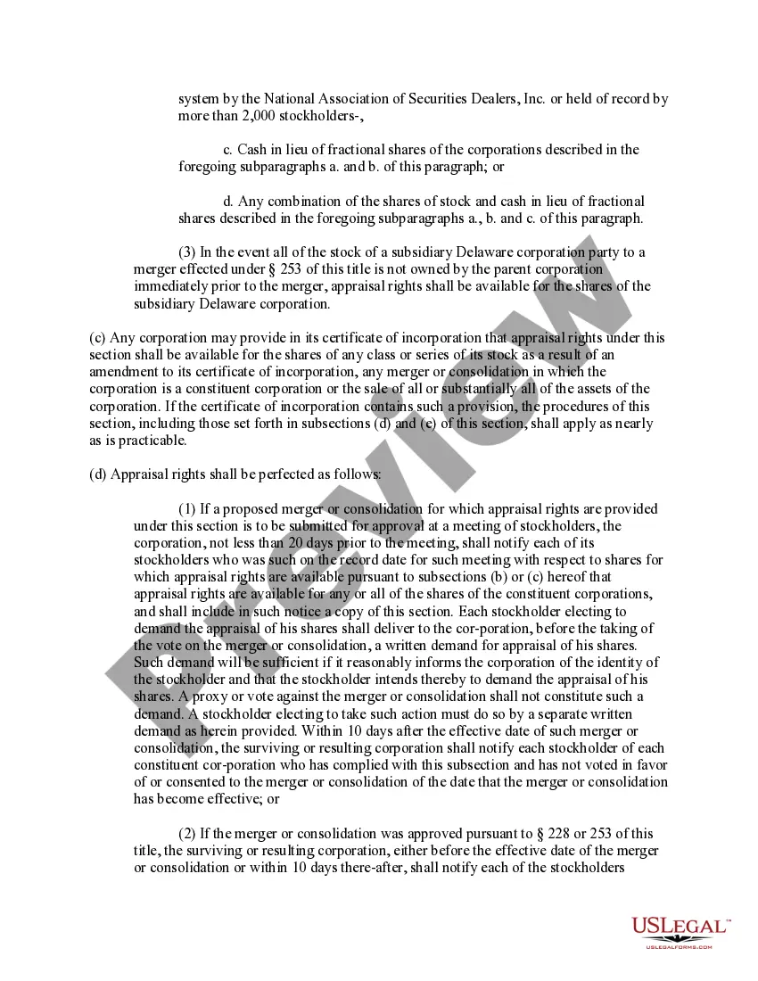 Get Section 262 of the Delaware General Corporation Law Preview Section 262 of the Delaware General Corporation Law