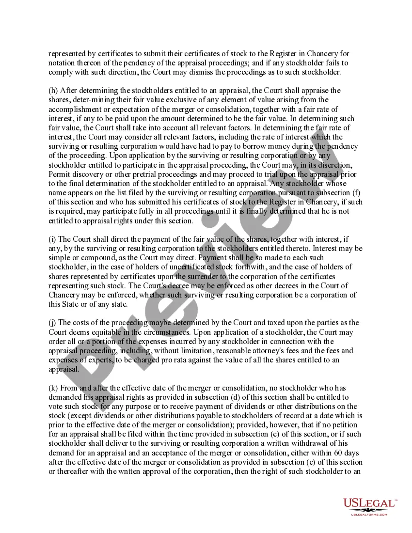 Get Section 262 of the Delaware General Corporation Law Preview Section 262 of the Delaware General Corporation Law