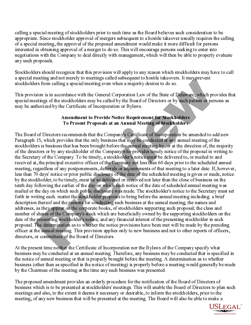 Get Approval of Amendments to Restated Certificate of Incorporation with amendment Preview Approval of Amendments to Restated Certificate of Incorporation with amendment