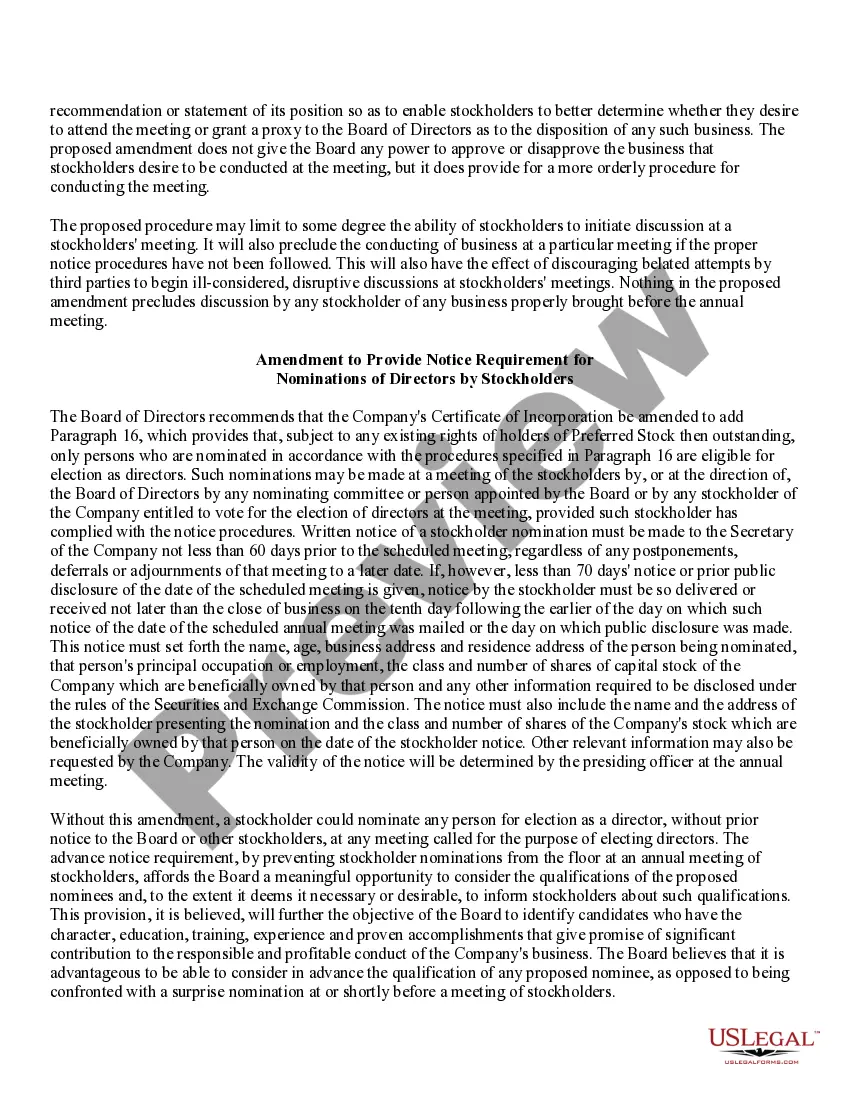 Get Approval of Amendments to Restated Certificate of Incorporation with amendment Preview Approval of Amendments to Restated Certificate of Incorporation with amendment