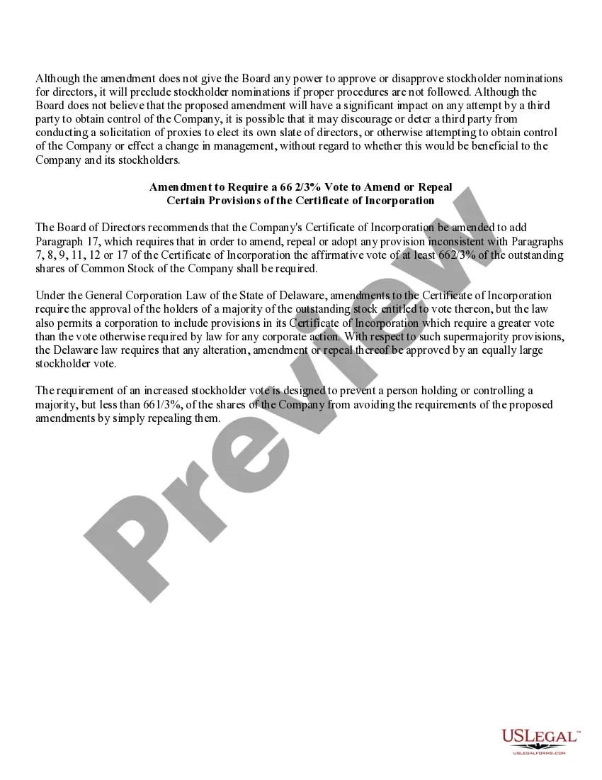 Get Approval of Amendments to Restated Certificate of Incorporation with amendment Preview Approval of Amendments to Restated Certificate of Incorporation with amendment