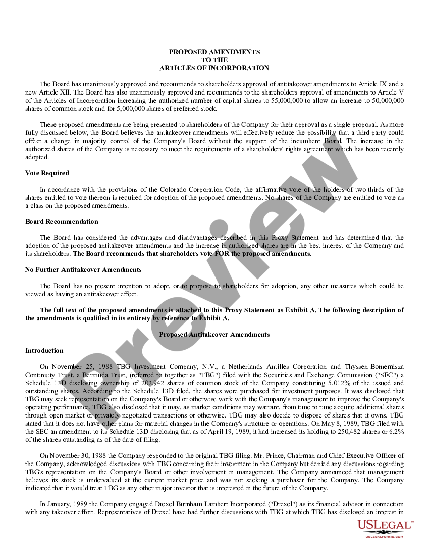 page 0 Proposed Amendments to the Articles of Incorporation to increase shares with exhibit preview