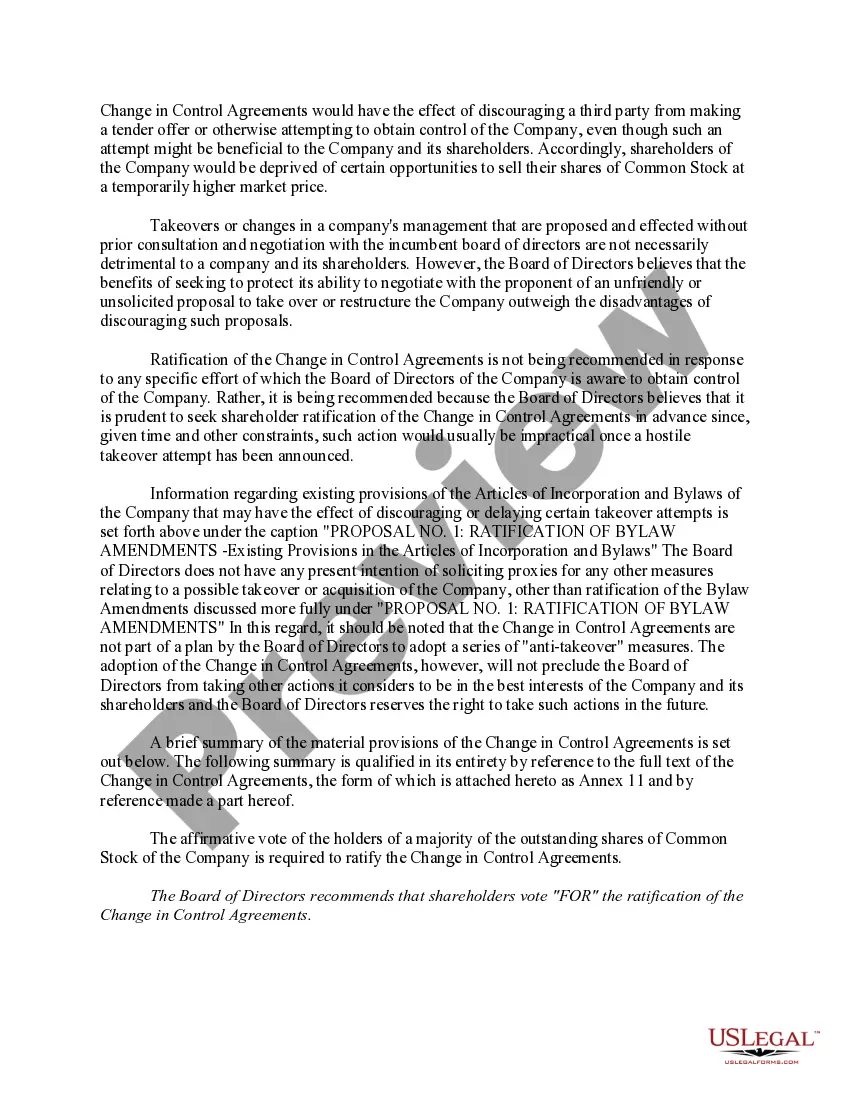 Get Ratification of change in control agreements with copy of form of change in control agreement Preview Ratification of change in control agreements with copy of form of change in control agreement