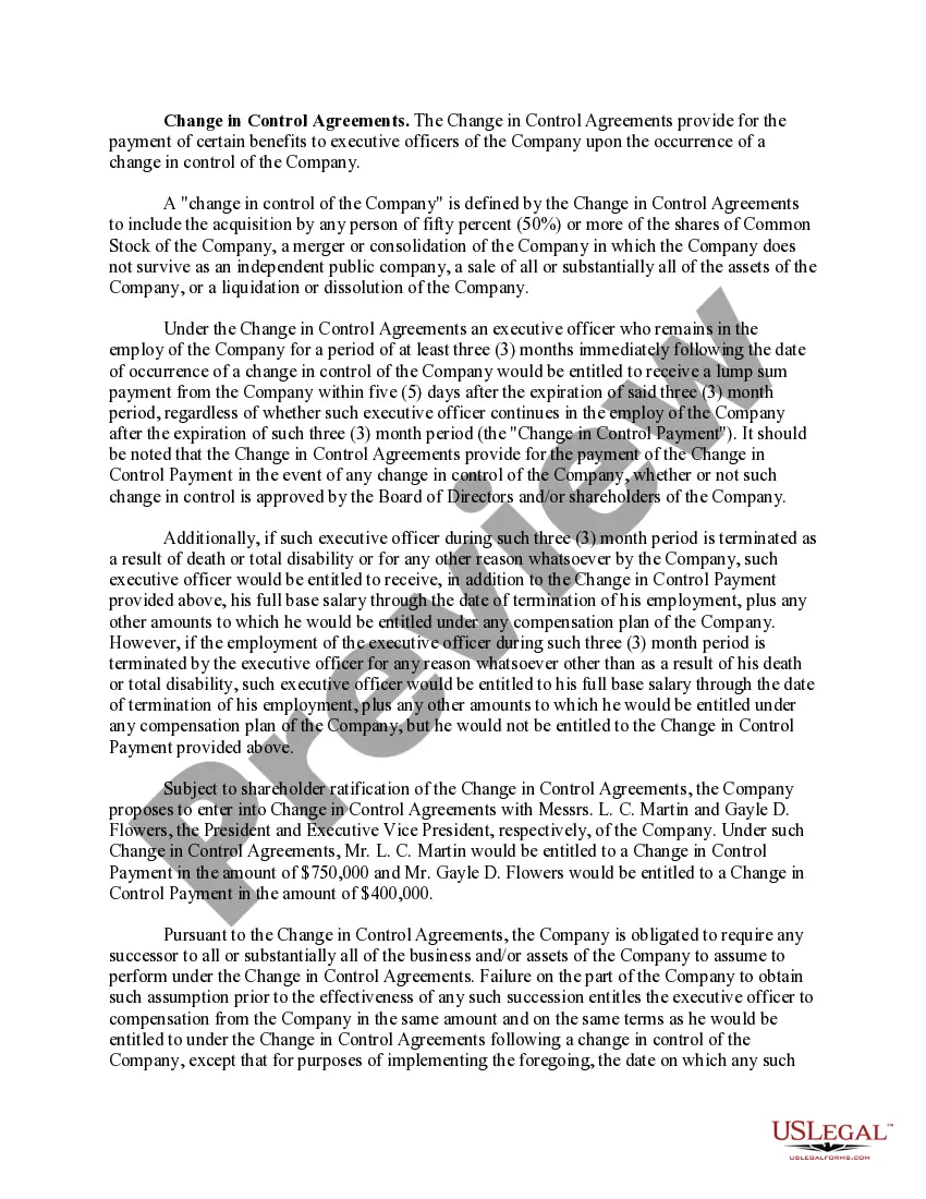 Get Ratification of change in control agreements with copy of form of change in control agreement Preview Ratification of change in control agreements with copy of form of change in control agreement