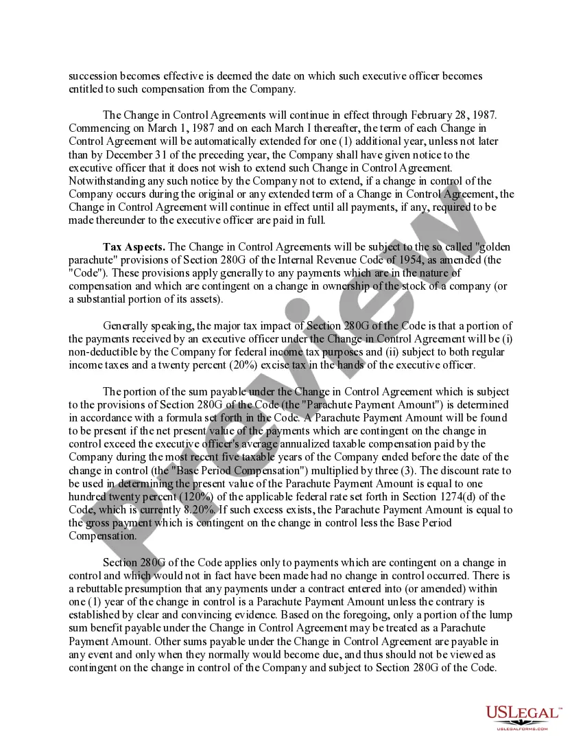 Get Ratification of change in control agreements with copy of form of change in control agreement Preview Ratification of change in control agreements with copy of form of change in control agreement