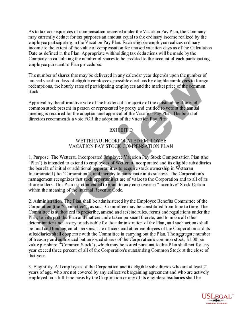 Get Authorization to adopt a plan for payment of accrued vacation benefits to employees with company stock with copy of plan Preview Authorization to adopt a plan for payment of accrued vacation benefits to employees with company stock with copy of plan