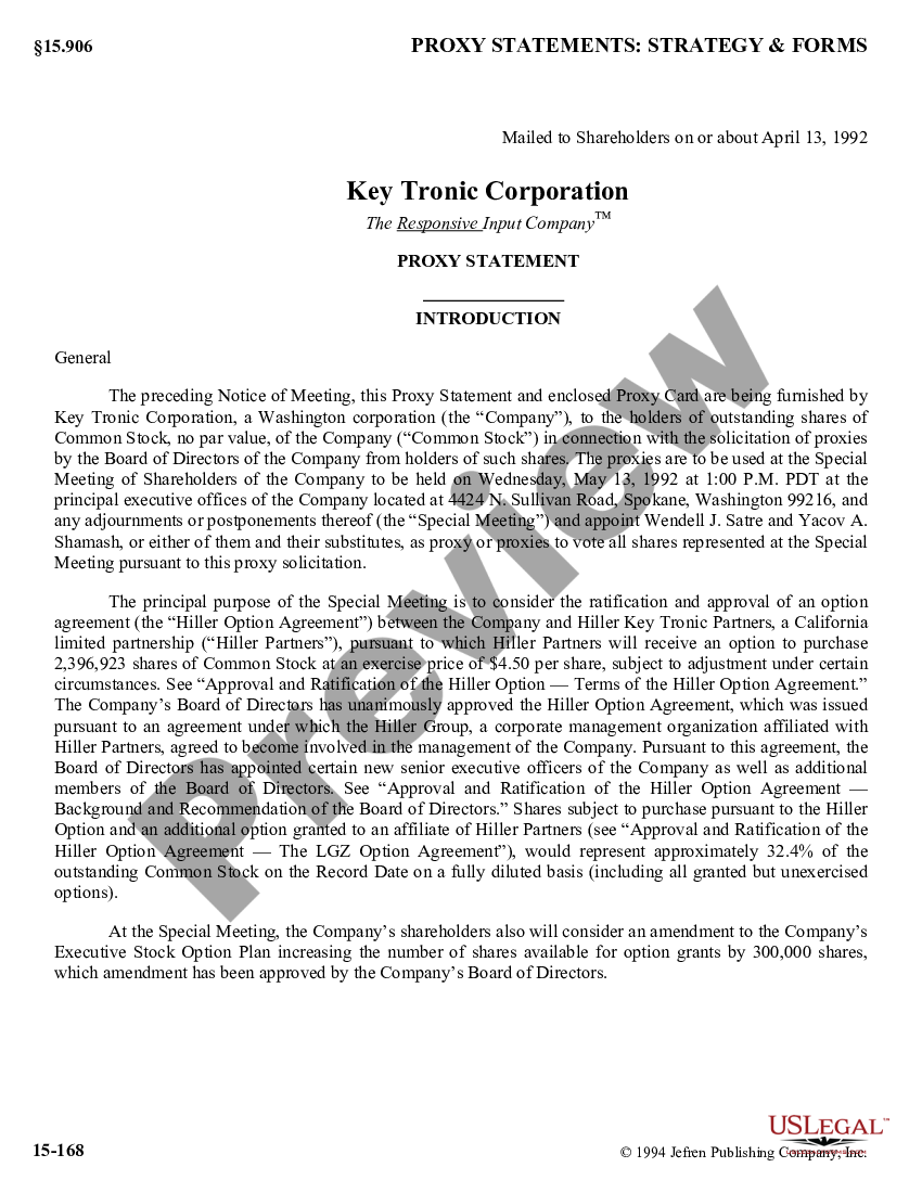 Proxy Statement with exhibits of Key Tronic Corp. US Legal Forms