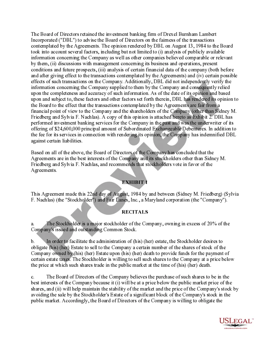 Get Stock Redemption Agreements with exhibits of Fair Lanes, Inc. Preview Stock Redemption Agreements with exhibits of Fair Lanes, Inc.