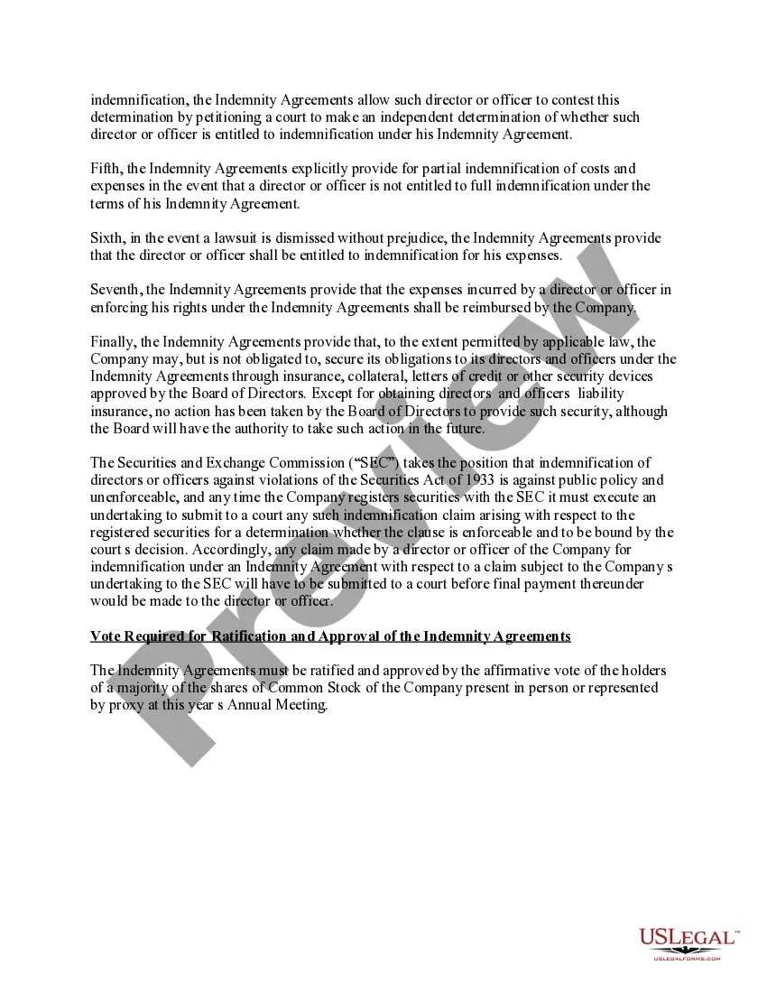 Get Ratification and Approval of Indemnity Agreements Preview Ratification and Approval of Indemnity Agreements