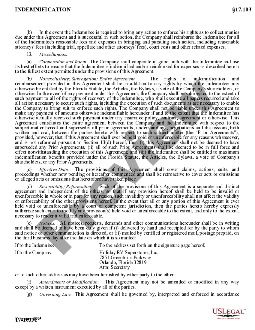 Get Form Indemnification Agreement by Holiday RV Superstores Preview Form Indemnification Agreement by Holiday RV Superstores