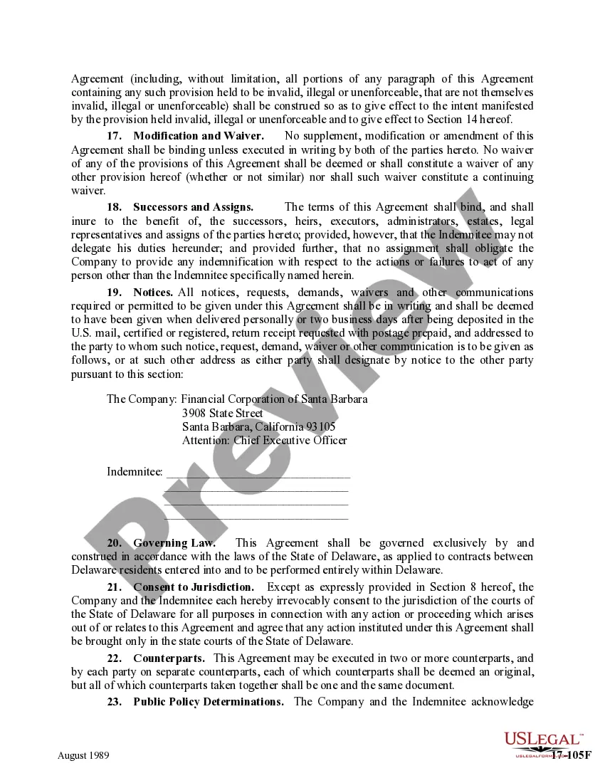 Get Form of Indemnity Agreement by Financial Corporation of Santa Barbara Preview Form of Indemnity Agreement by Financial Corporation of Santa Barbara