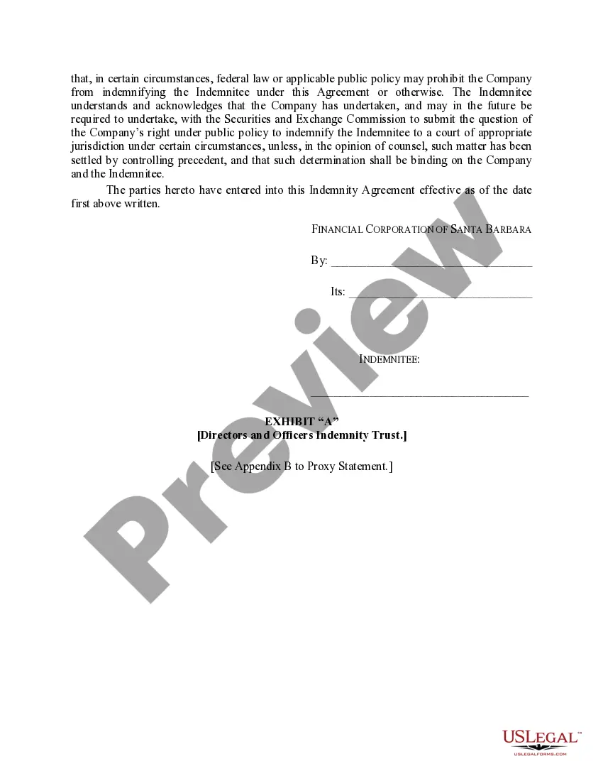 Get Form of Indemnity Agreement by Financial Corporation of Santa Barbara Preview Form of Indemnity Agreement by Financial Corporation of Santa Barbara