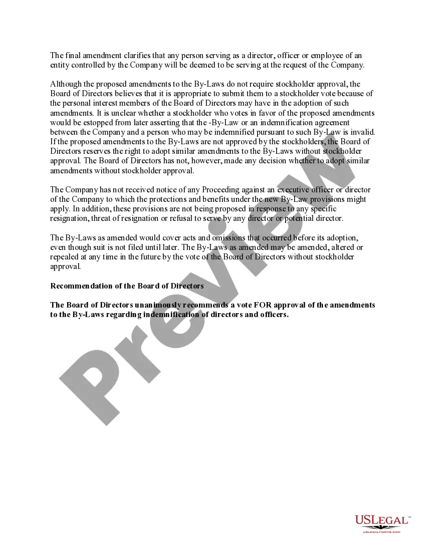 Get Proposed amendment to Bylaws regarding director and officer indemnification with copy of amendment Preview Proposed amendment to Bylaws regarding director and officer indemnification with copy of amendment