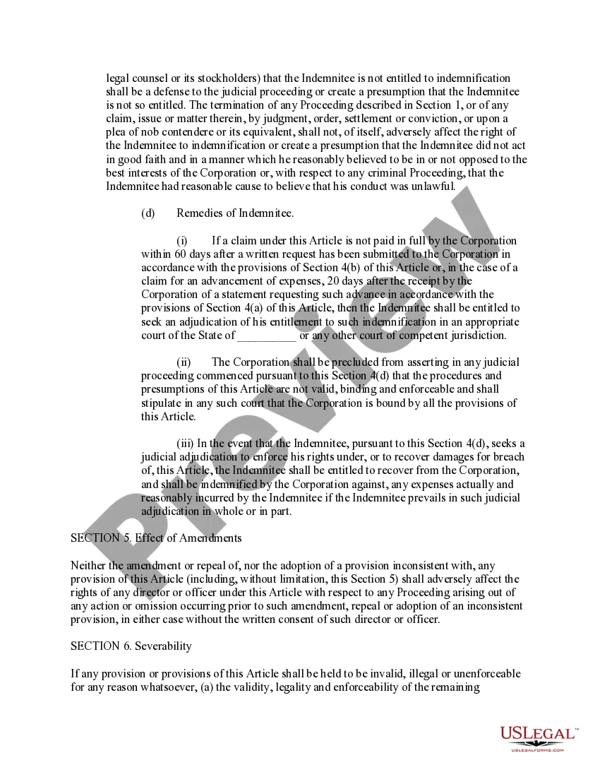 Get Proposed amendment to Bylaws regarding director and officer indemnification with copy of amendment Preview Proposed amendment to Bylaws regarding director and officer indemnification with copy of amendment