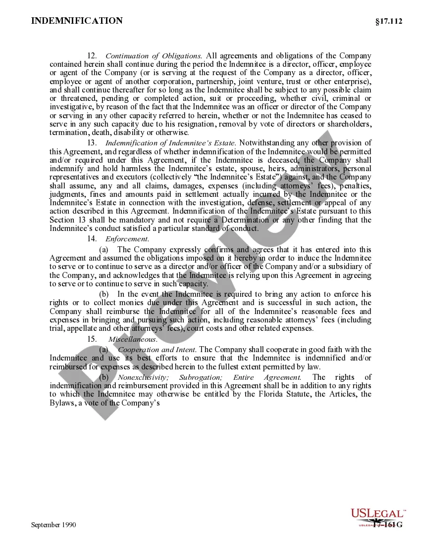 Get Indemnification Agreement between corporation and its directors regarding method for determining whether standards for indemnification have been met Preview Indemnification Agreement between corporation and its directors regarding method for determining whether standards for indemnification have been met