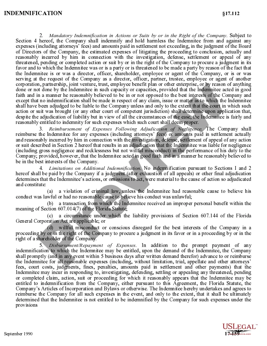 Get Indemnification Agreement between corporation and its directors regarding method for determining whether standards for indemnification have been met Preview Indemnification Agreement between corporation and its directors regarding method for determining whether standards for indemnification have been met