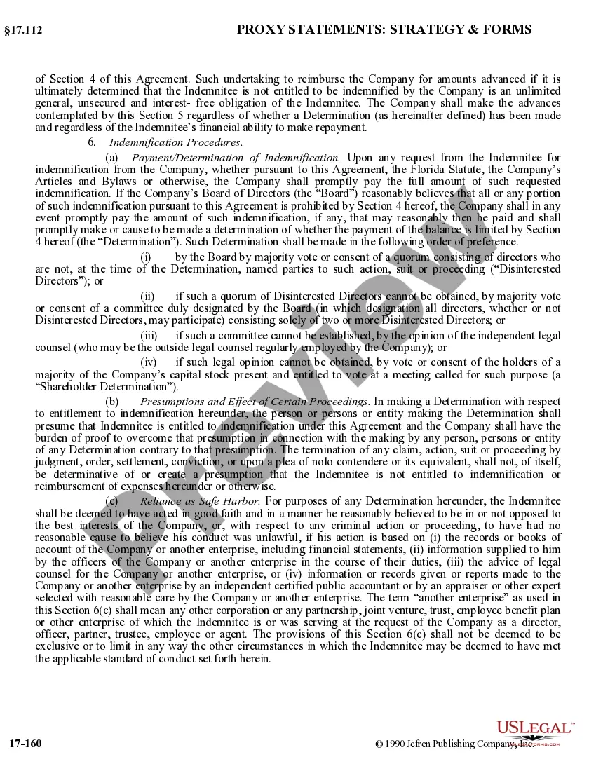 Get Indemnification Agreement between corporation and its directors regarding method for determining whether standards for indemnification have been met Preview Indemnification Agreement between corporation and its directors regarding method for determining whether standards for indemnification have been met