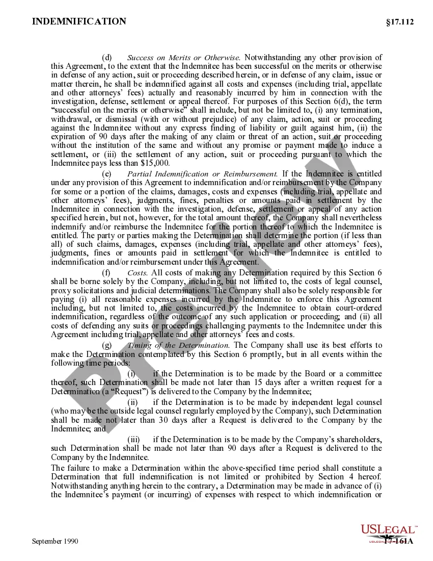 Get Indemnification Agreement between corporation and its directors regarding method for determining whether standards for indemnification have been met Preview Indemnification Agreement between corporation and its directors regarding method for determining whether standards for indemnification have been met