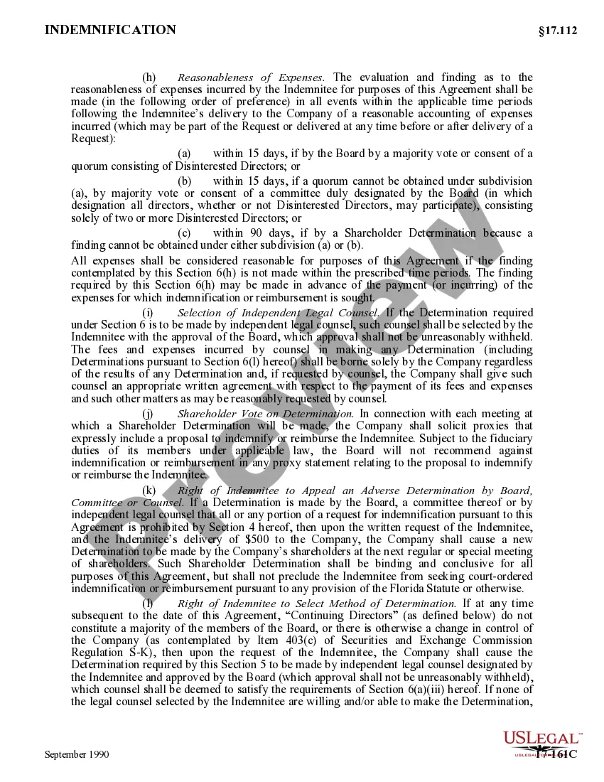 Get Indemnification Agreement between corporation and its directors regarding method for determining whether standards for indemnification have been met Preview Indemnification Agreement between corporation and its directors regarding method for determining whether standards for indemnification have been met