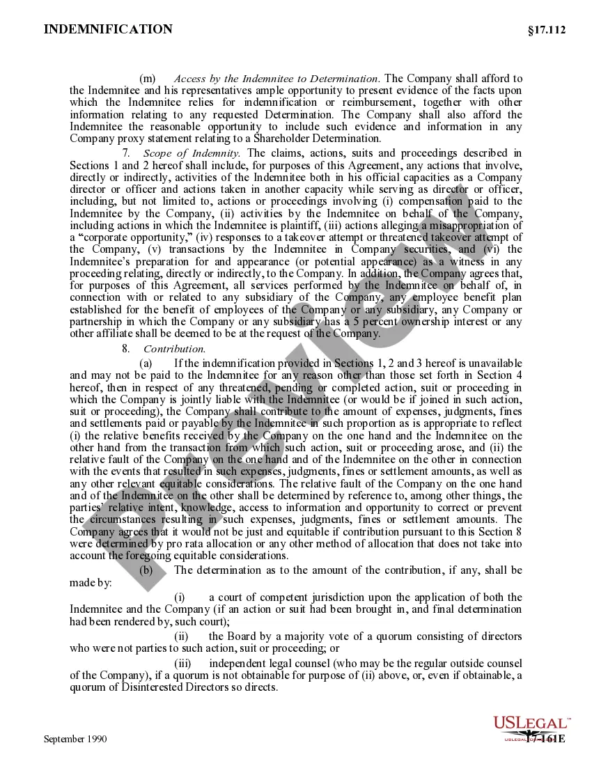 Get Indemnification Agreement between corporation and its directors regarding method for determining whether standards for indemnification have been met Preview Indemnification Agreement between corporation and its directors regarding method for determining whether standards for indemnification have been met