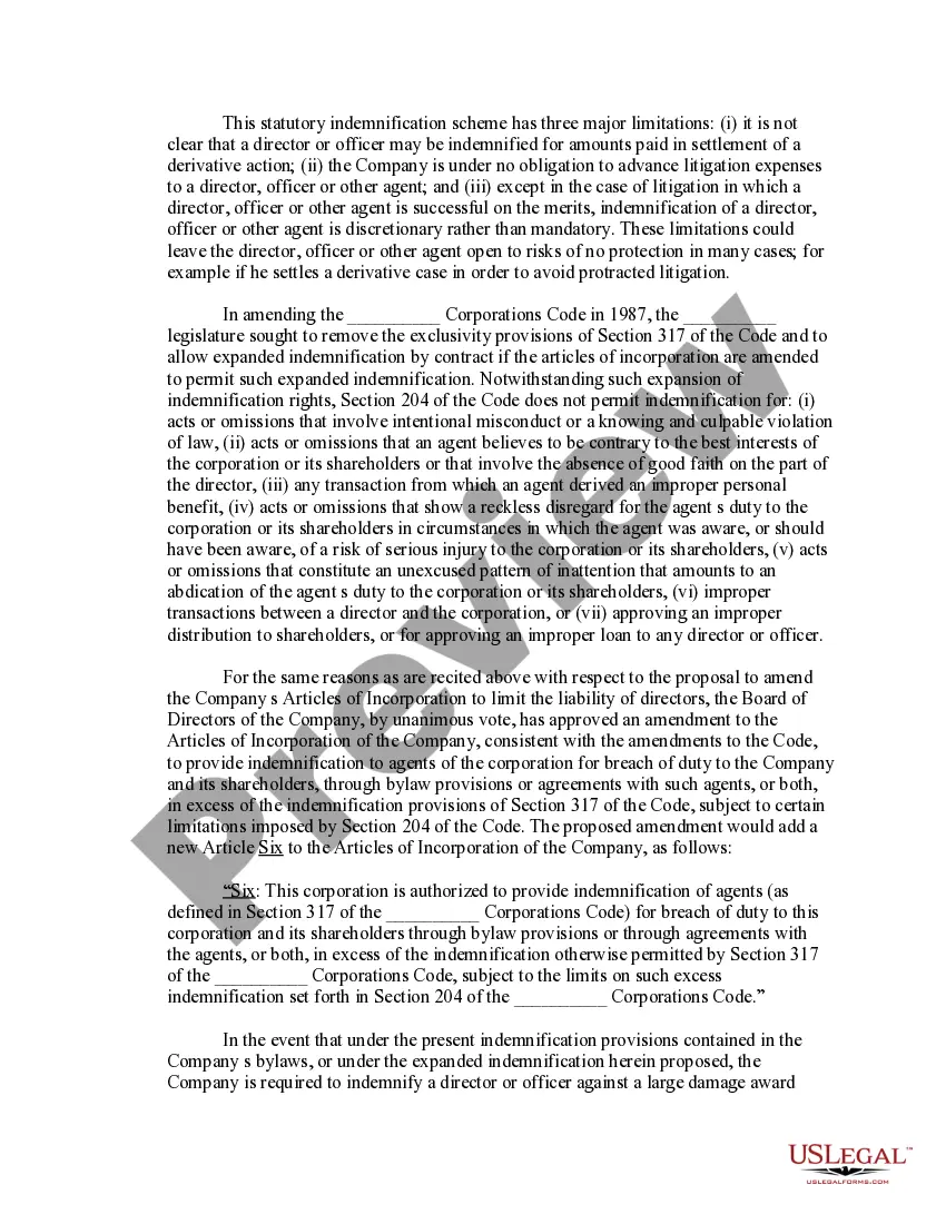 Get Amendment of Articles to Expand Indemnification of Agents Preview Amendment of Articles to Expand Indemnification of Agents