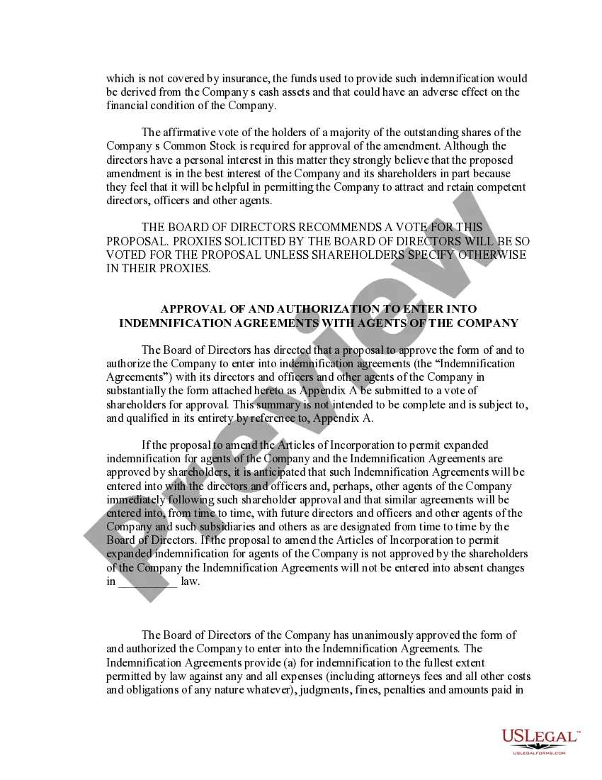 Get Amendment of Articles to Expand Indemnification of Agents Preview Amendment of Articles to Expand Indemnification of Agents