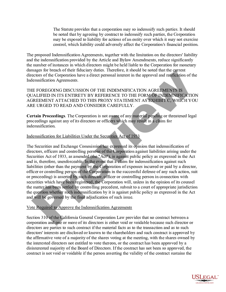 page 4 Approval of Indemnification Agreements with article amendment and amendment to bylaws preview