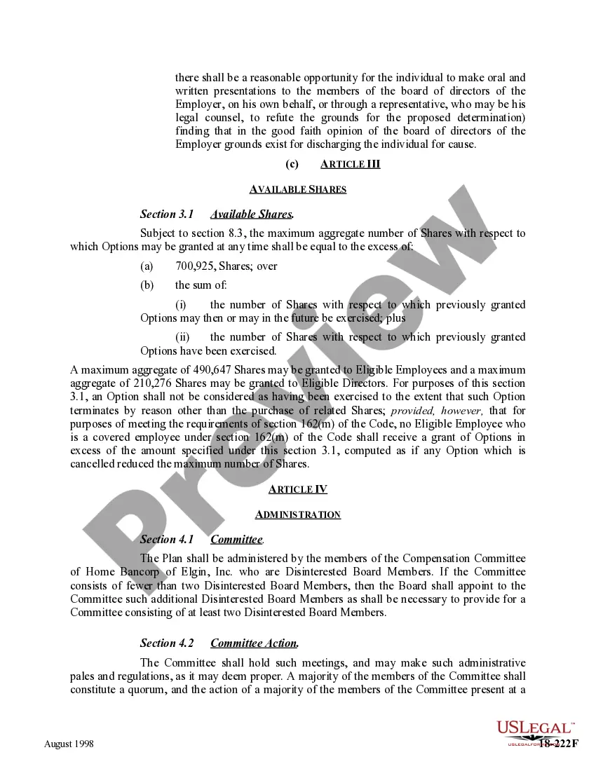 Preview Stock Option Plan For Federal Savings Association