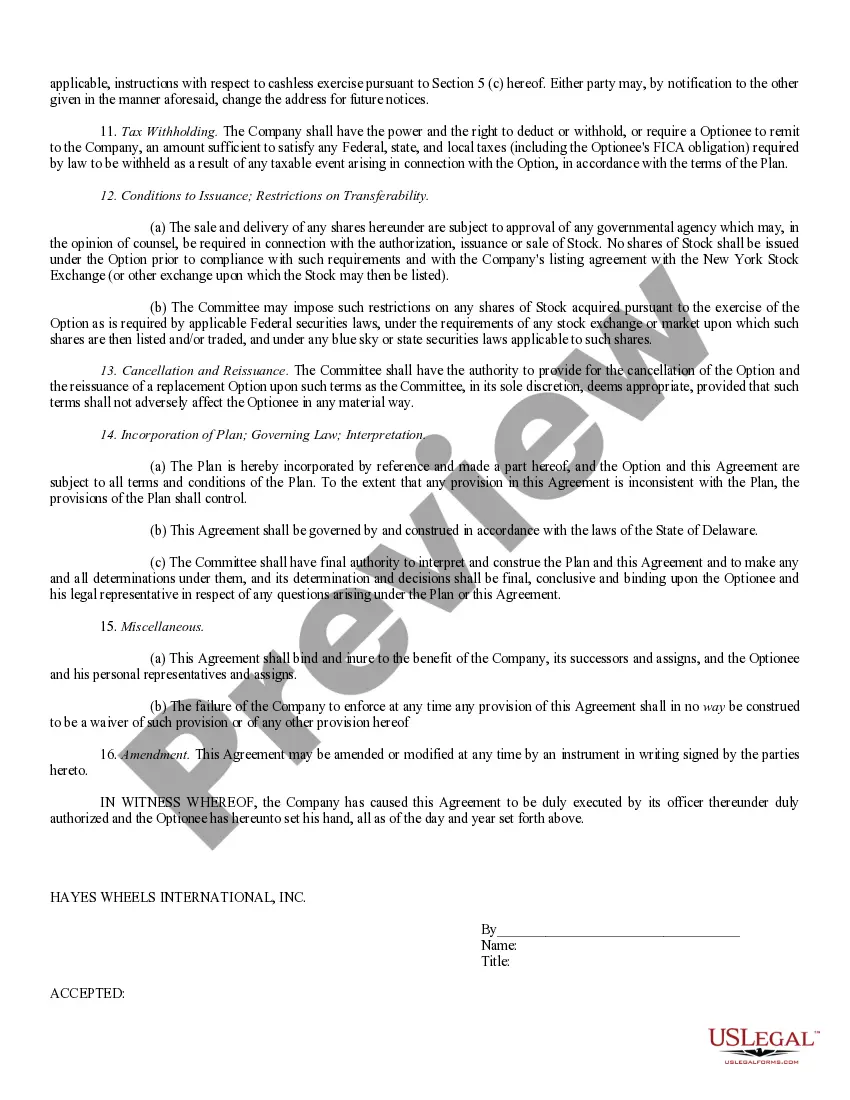 Get Stock Option Agreement of Hayes Wheels International, Inc. - general form Preview Stock Option Agreement of Hayes Wheels International, Inc. - general form