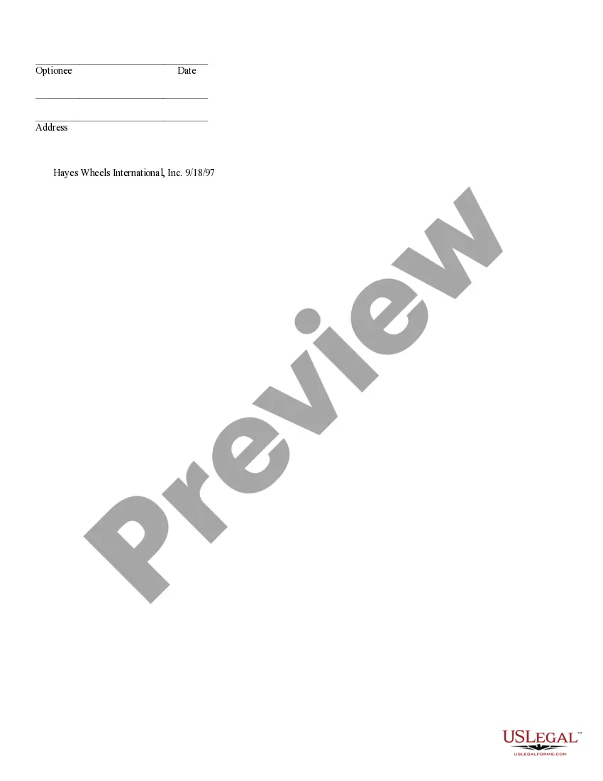 Get Stock Option Agreement of Hayes Wheels International, Inc. - general form Preview Stock Option Agreement of Hayes Wheels International, Inc. - general form