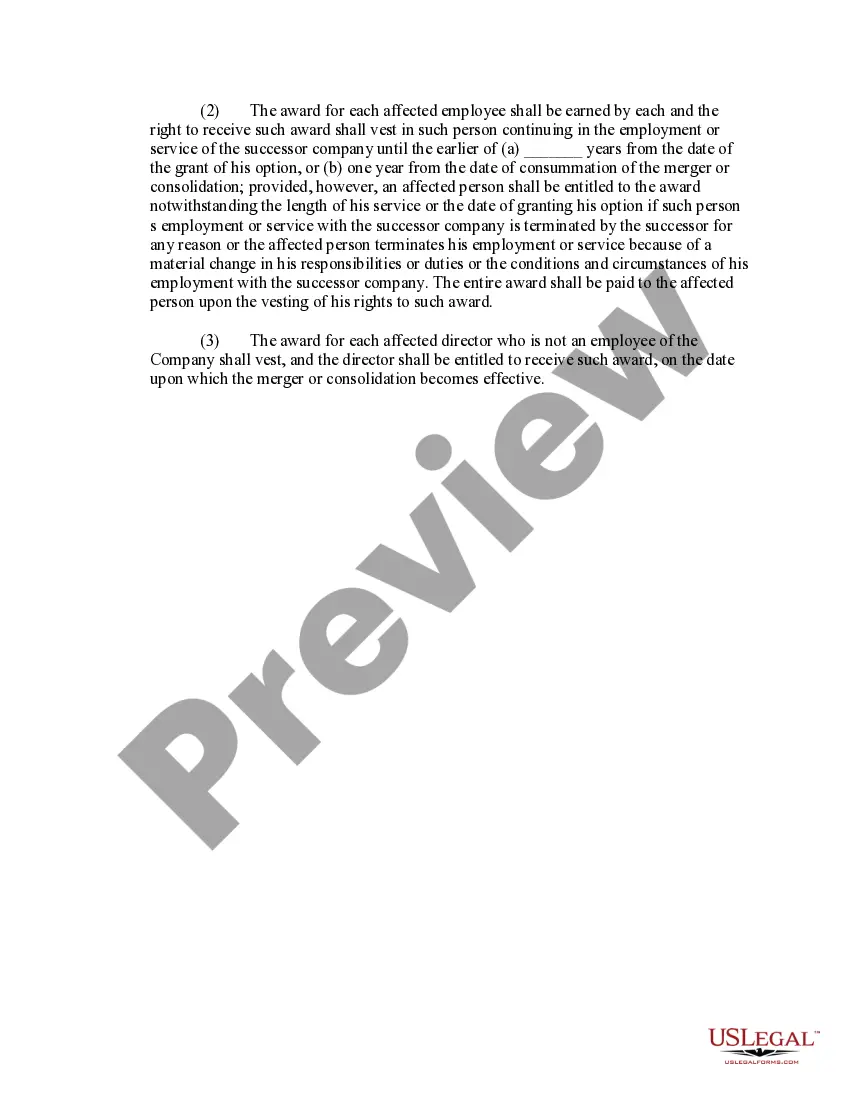 Preview Cash Award Paid to Holders of Non-Exercisable Stock Options Upon Merger or Consolidation