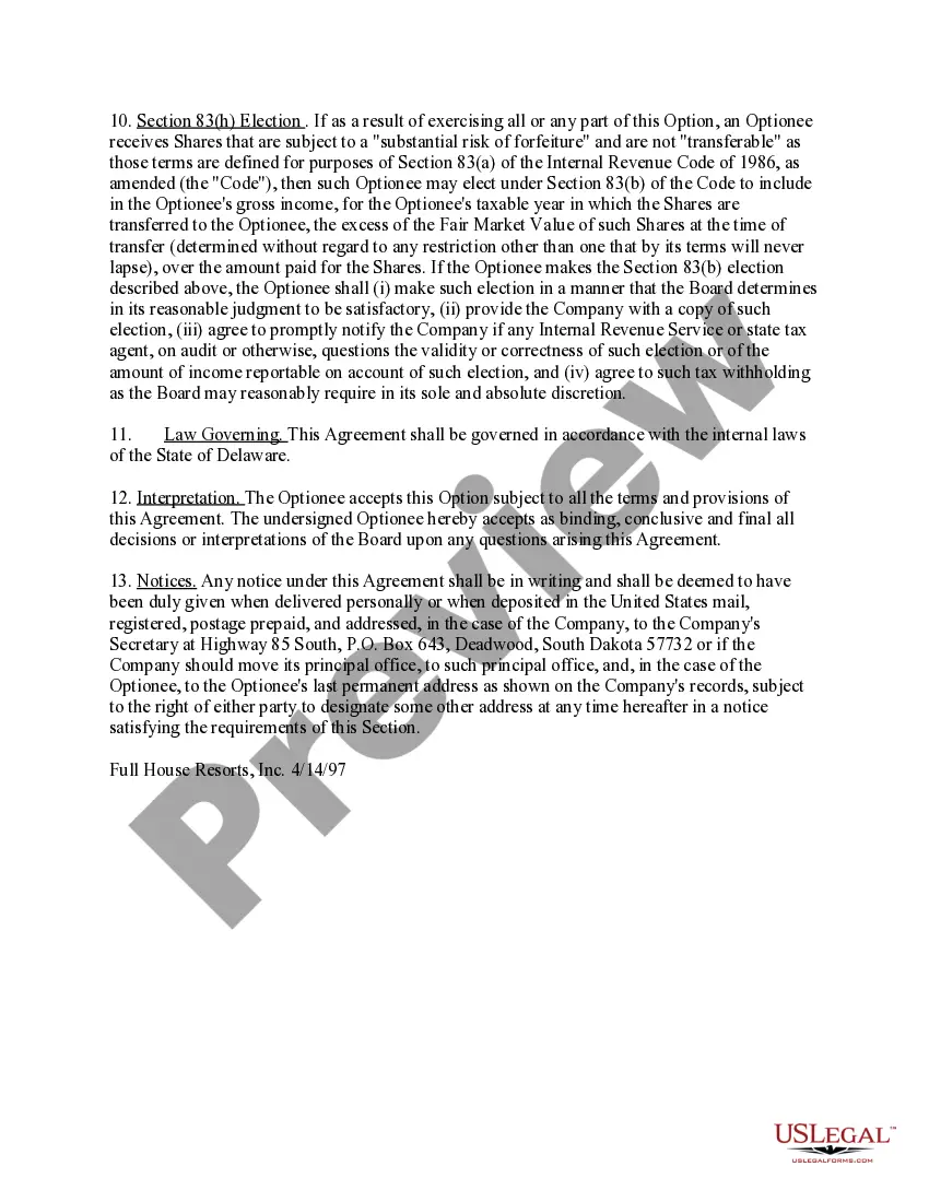 Preview Stock Option Agreement of Full House Resorts, Inc.