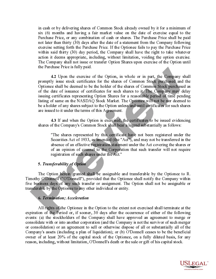 Preview Stock Option Agreement between Shorewood Packaging Corp. and Jefferson Capital Group, Ltd