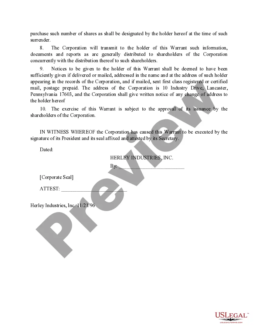 Preview Warrant Agreement of Herley Industries, Inc.