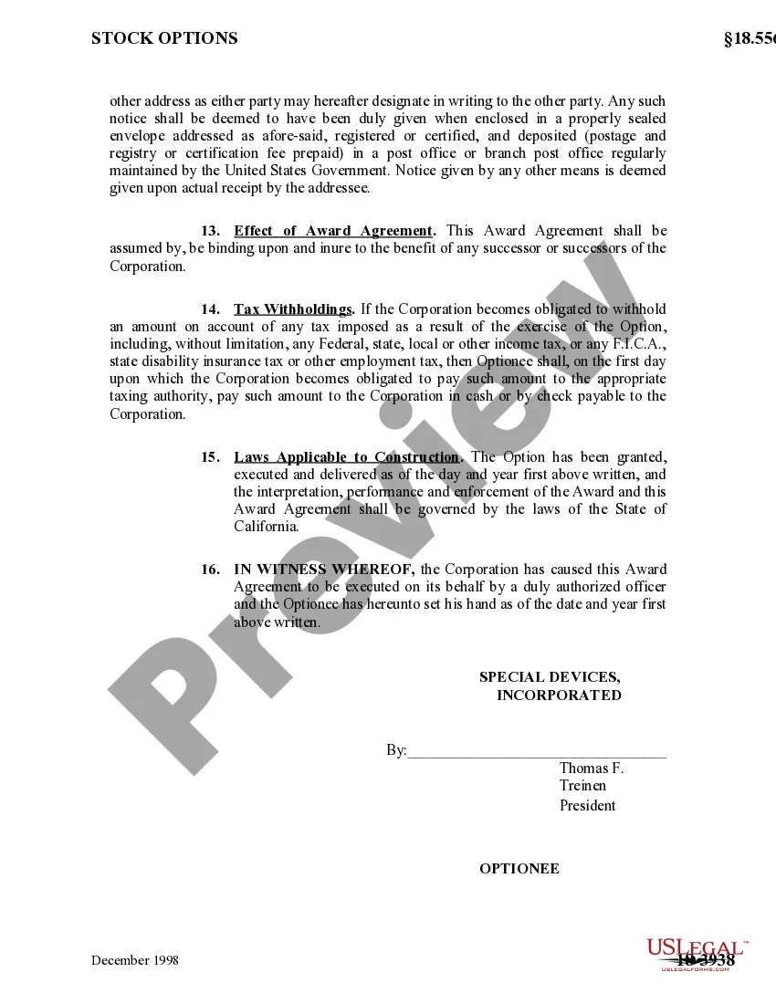 Get Performance Stock Option Award Agreement of Special Devices, Inc. Preview Performance Stock Option Award Agreement of Special Devices, Inc.